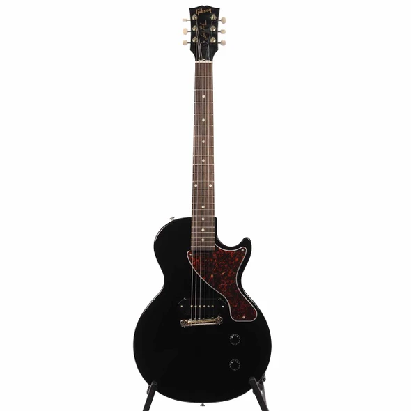 Full front view of black Gibson Les Paul Junior electric guitar with tortoiseshell pickguard and dot-inlay fingerboard. card