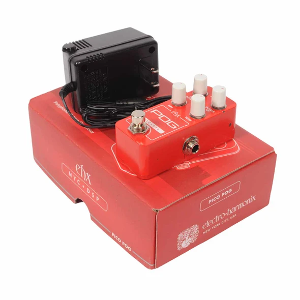 Electro-Harmonix Pico POG pedal shown with its original box and power adapter. card