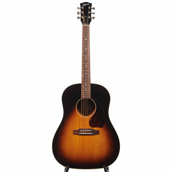 Full front view of the Gibson J-45 with Vintage Sunburst finish, tortoise pickguard, and rosewood bridge. card