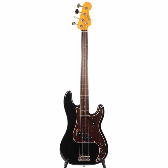 Full front view of the black Fender Precision Bass with rosewood fingerboard and tortoiseshell pickguard. card