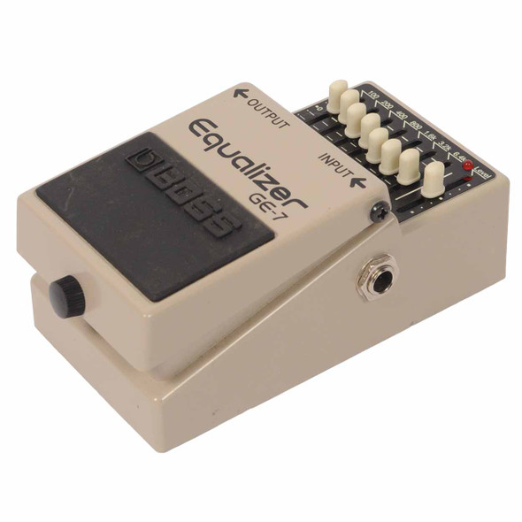 Angled side view of BOSS GE-7 Equalizer pedal showing frequency sliders, level control, input jack, and footswitch. card