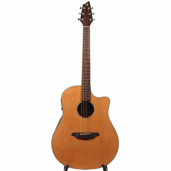 Full front view of Breedlove D350CMe acoustic-electric guitar with natural finish and single cutaway. card