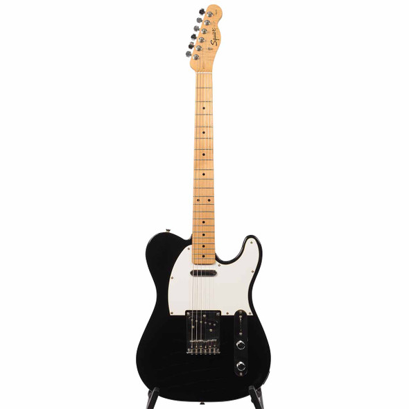 Full front view of black Squier Affinity Telecaster electric guitar with maple fingerboard. card