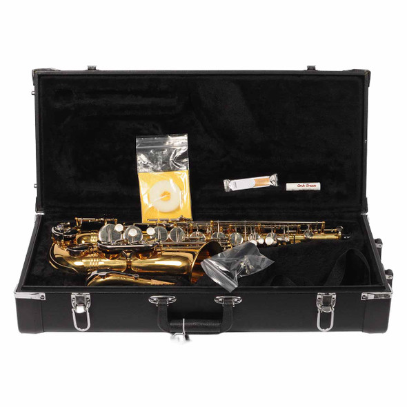 Jupiter alto saxophone inside open black case with mouthpiece accessories and cleaning supplies. card