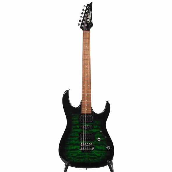 Full front view of Ibanez GIO GRX70QA electric guitar in Transparent Emerald Burst with double-cutaway body. card
