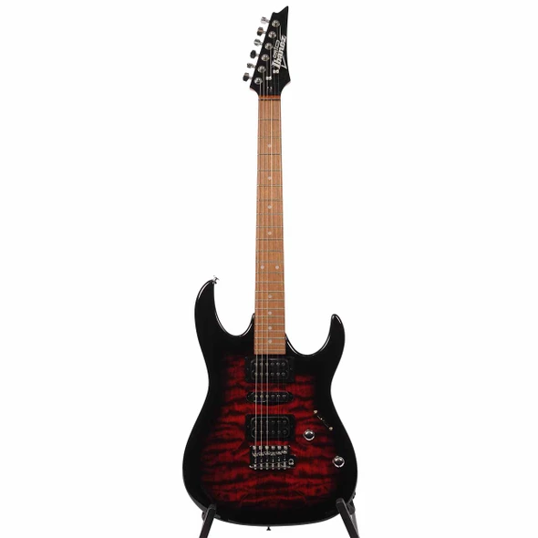 Full front view of Ibanez GIO GRX70QA electric guitar in Transparent Red Burst with double-cutaway body. card