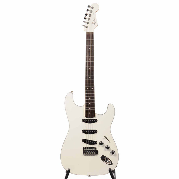 Full front view of white Fender Aerodyne Special Stratocaster with dark fingerboard and matching headstock. card