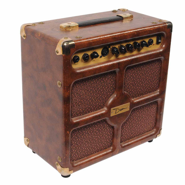 Left angled view of Dean DA30-4 amplifier showing brown cabinet, brass-colored corner protectors, and top carrying handle. card