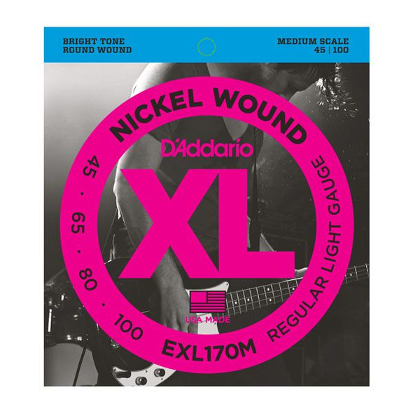 D'Addario EXL170M Nickel Wound Bass Guitar Strings, Light, 45-100, Medium Scale