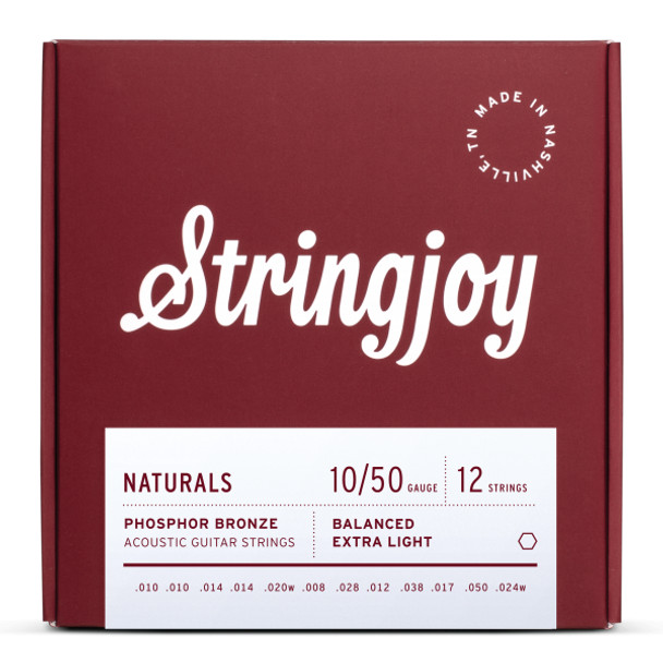 Stringjoy Naturals | 12 String Extra Light Gauge (10-50) Phosphor Bronze Acoustic Guitar Strings