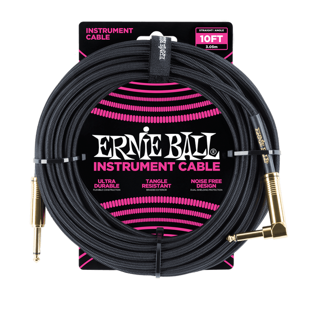 10' Braided Straight / Angle Instrument Cable - Black w/Gold Connectors