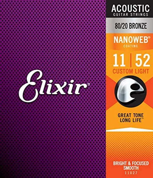 Elixir Acoustic 80/20 Bronze Guitar Strings with NANOWEB Coating Custom Light .011-.052