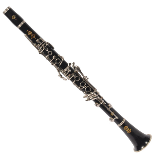 Full angled view of a used Selmer Series 9 Bb clarinet showing the complete instrument and silver-plated keys. card