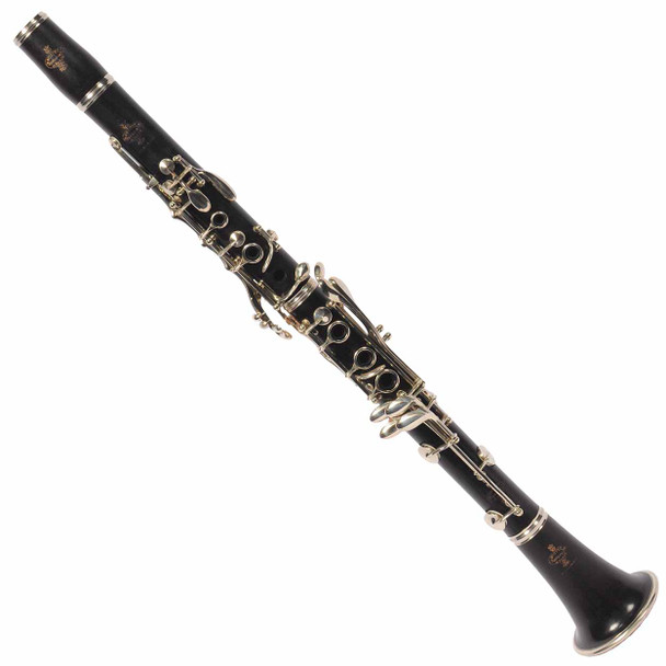 Full view of the vintage Buffet Crampon professional B♭ clarinet with silver-plated keys, assembled on a white background. card