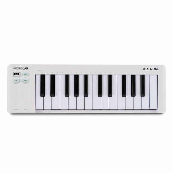 Top view of Arturia MicroLab mk3 25-key MIDI controller in white showing velocity-sensitive keys, touch strips, octave buttons, and transport controls. card