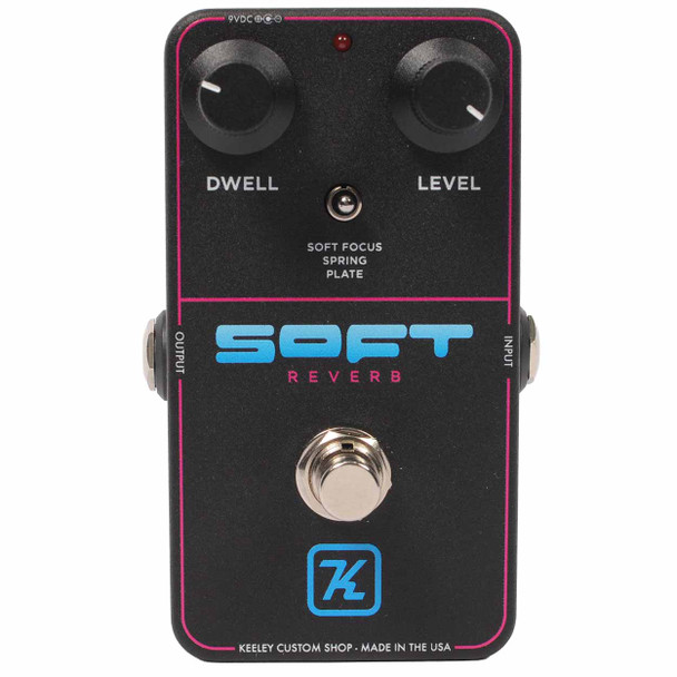 Keeley Soft Reverb guitar effects pedal front view showing Dwell and Level controls with the reverb mode selector switch. card