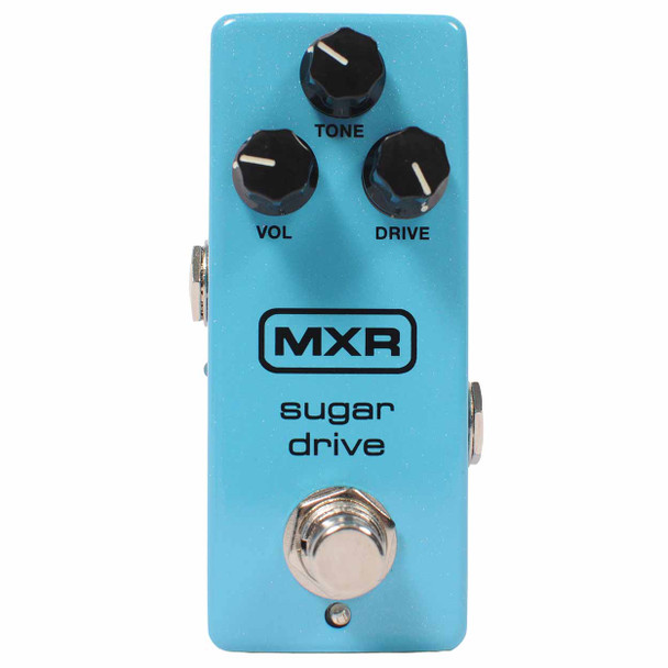 Front view of the MXR Sugar Drive overdrive guitar effects pedal showing the Tone, Volume, and Drive controls with footswitch. card