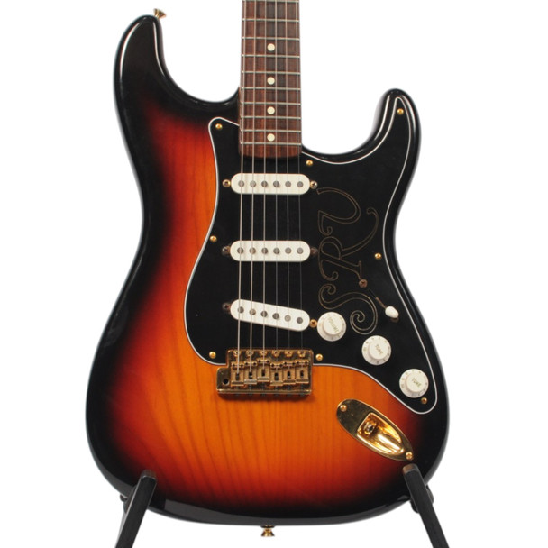 Closeup of Fender 2001 SRV Signature 3 Tone Sunburst Stratocaster Electric Guitar with Case Used