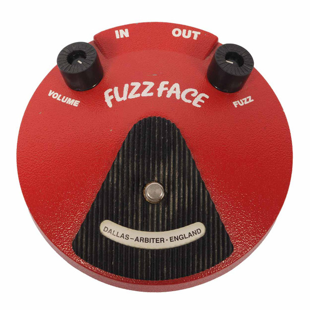 Front view of the Dallas-Arbiter Fuzz Face fuzz effects pedal displaying the Volume and Fuzz controls, footswitch, and classic round red enclosure. card