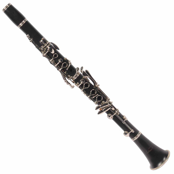 Full-length view of a used Selmer Soloist CLSOL300R B♭ clarinet with silver-plated keys. card