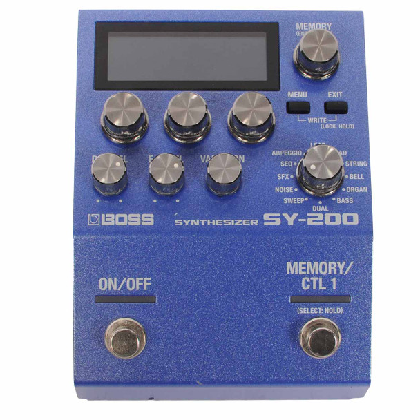 Front view of the Boss SY-200 guitar synthesizer effects pedal showing the display, control knobs, and dual footswitches. card
