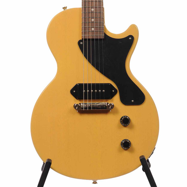 Front close-up of the Epiphone Les Paul Junior electric guitar in TV Yellow with a single P-90 pickup and black pickguard. card