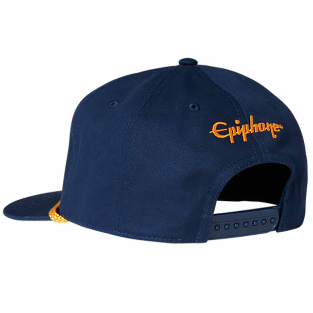 Front view of the Epiphone navy snapback cap with embroidered eagle logo and gold rope accent across the brim. card