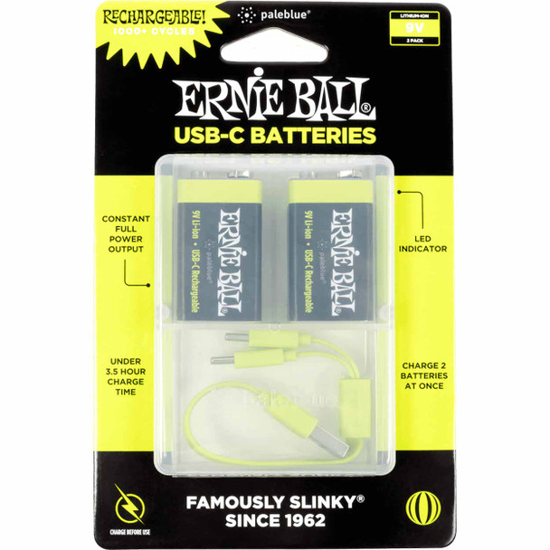 Ernie Ball USB-C Rechargeable 9V Battery by Paleblue - 2-Pack