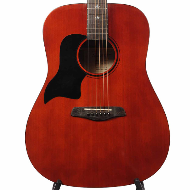 Front close-up of the Sawtooth ST-LH-AD-MV-CH left-handed dreadnought acoustic guitar with a cherry finish and black pickguard.