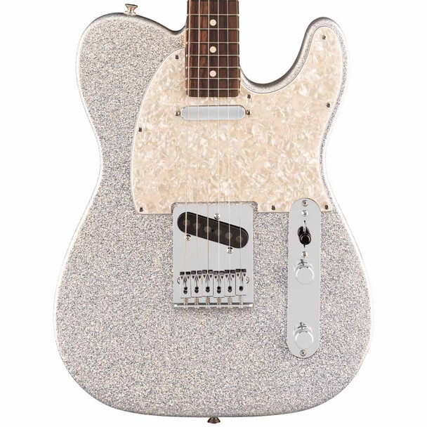 Close-up of the Fender 75th Anniversary Player II Sparkle Telecaster control plate with selector switch, chrome hardware, and volume and tone knobs. card