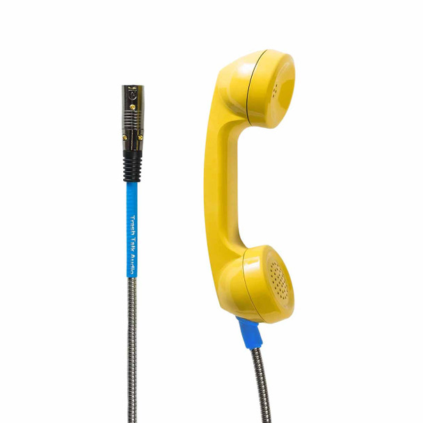 Trash Talk Audio payphone microphone with yellow telephone handset, flexible metal cable, and XLR connector for vocal effects. card