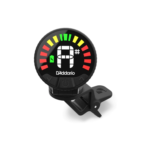 Front view of D'Addario rechargeable clip-on chromatic tuner with full-color display showing an A-sharp tuning reading and battery indicator. card