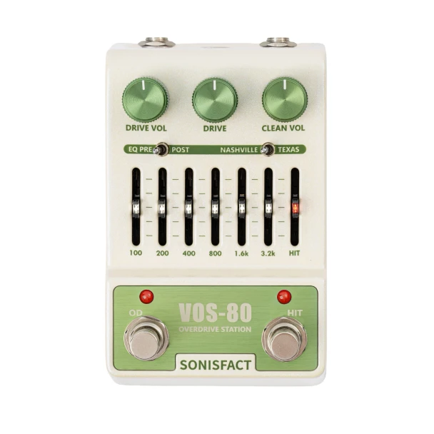 Top view of Sonisfact VOS-80 overdrive station guitar effects pedal with seven-band EQ sliders, drive controls, and dual footswitches. card