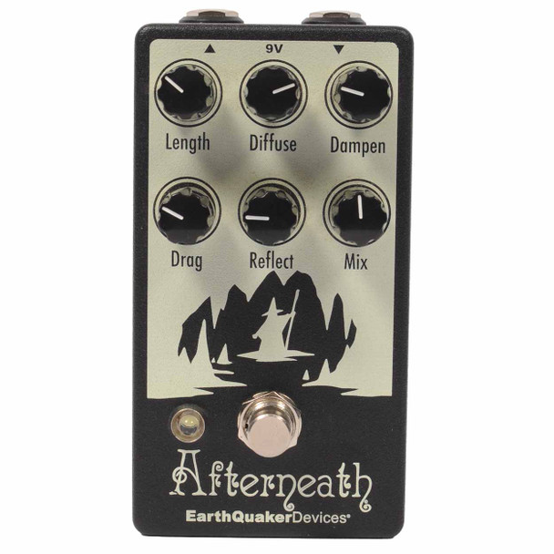 EarthQuaker Devices Afterneath reverb effect pedal front view showing six control knobs, footswitch, and LED indicator. card