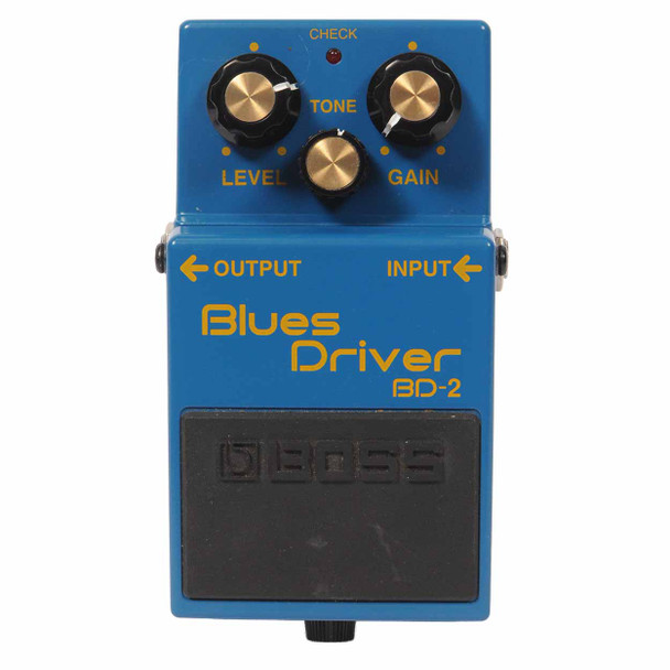 Boss BD-2 Blues Driver overdrive effects pedal front view showing Level, Tone, and Gain controls with blue enclosure. card