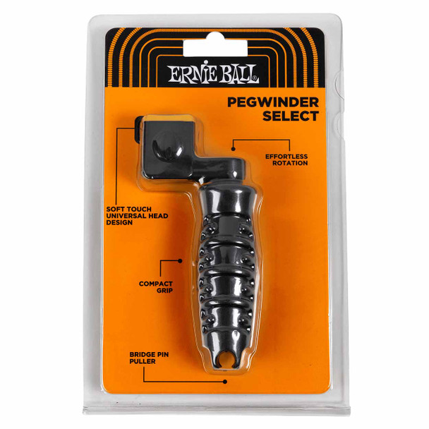 Retail packaging for the Ernie Ball Pegwinder Select string winder with rotating universal head, ergonomic grip, and built-in bridge pin puller. card