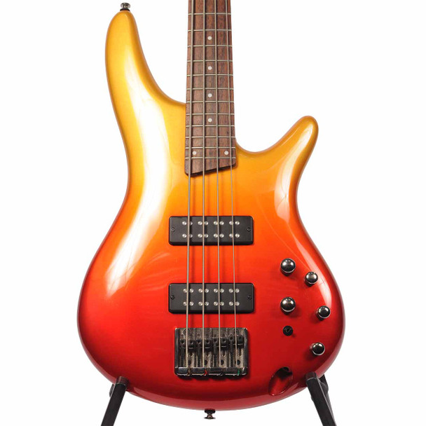 Ibanez Soundgear SR300E 4-string electric bass guitar in Gold Metallic to Red Burst finish, front view. card