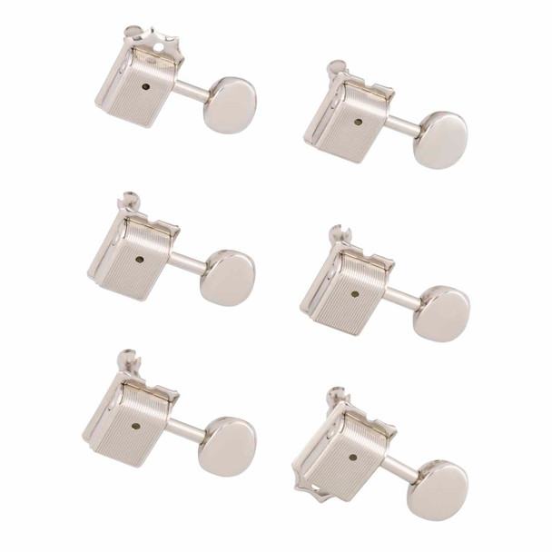 Set of six nickel guitar tuning machines with vintage-style oval buttons for electric or acoustic guitar headstock replacement. card