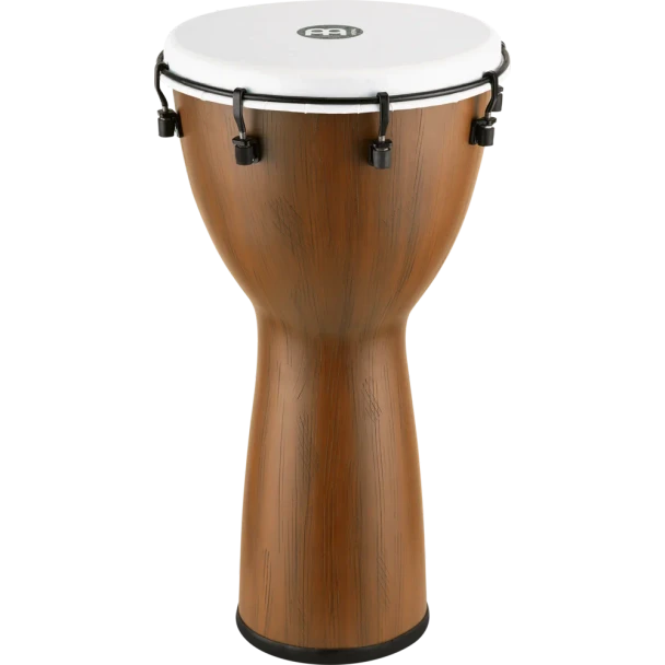 Angled front view of a Meinl woodgrain-finish djembe featuring a synthetic drumhead and black tuning hardware. card