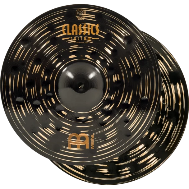 Pair of Meinl Classics Custom Dark 14-inch hi-hat cymbals with black finish shown stacked in front view. card