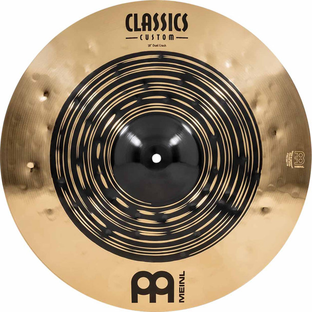 Top view of the Meinl Classics Custom Dual 18-inch crash cymbal with dual-finish playing surface and black center. card