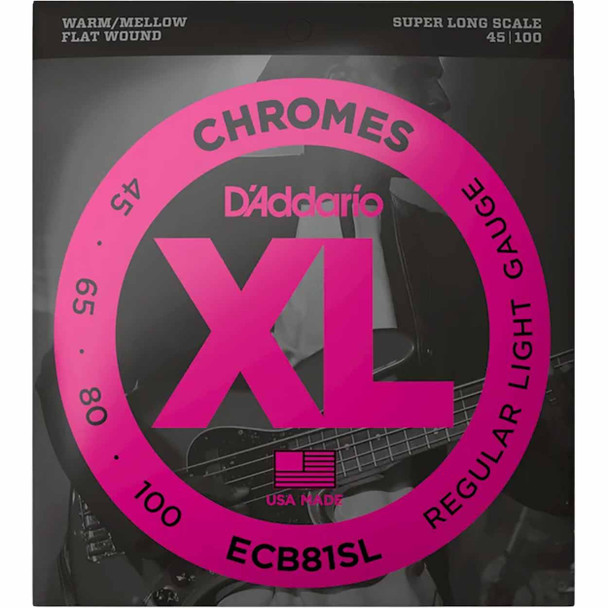 D'Addario ECB81SL Chromes flatwound bass strings, light gauge 45-100 for super long scale 4-string basses. card
