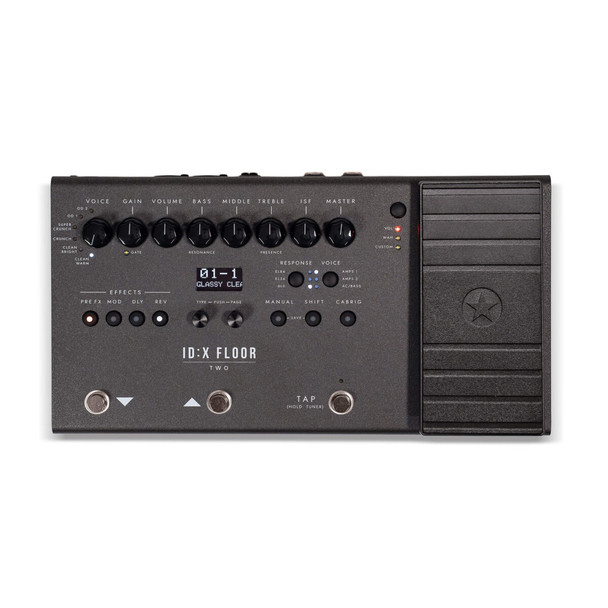 Top view of the Blackstar ID:X Floor Two guitar multi-effects processor showing the expression pedal, LCD display, control knobs, and footswitches. card