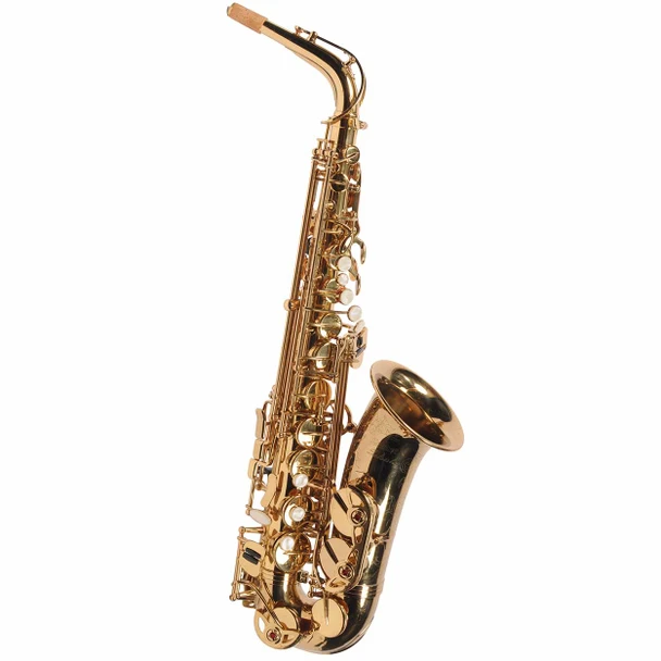 Full front view of Selmer Soloist alto saxophone with gold lacquer finish and pearl key touches. card