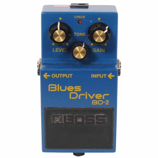 Boss BD-2 Blues Driver overdrive effects pedal front view showing Level, Tone, and Gain controls with blue enclosure. card