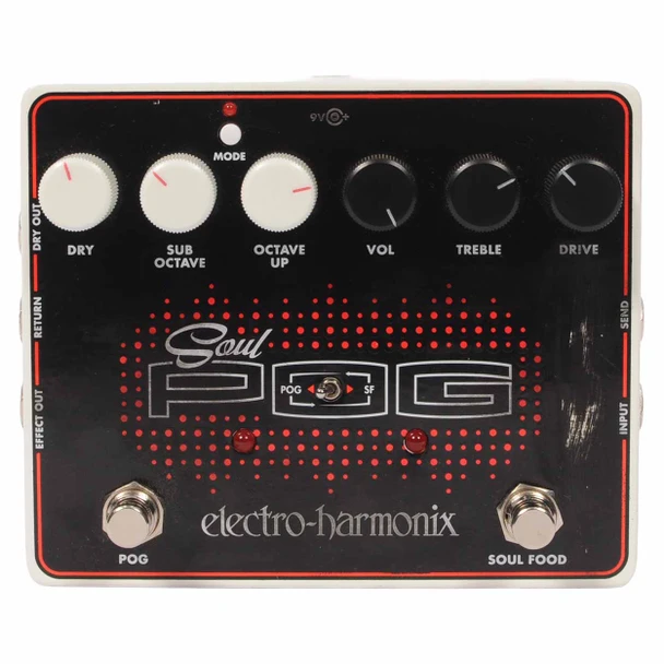 Front view of Electro-Harmonix Soul POG effects pedal with six control knobs, mode switch, dual footswitches, and visible scuffing on the right side of the faceplate. card