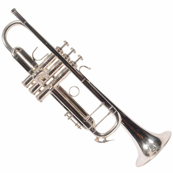 Bach Stradivarius 180S37 silver Bb trumpet shown at an angle on a white background. card