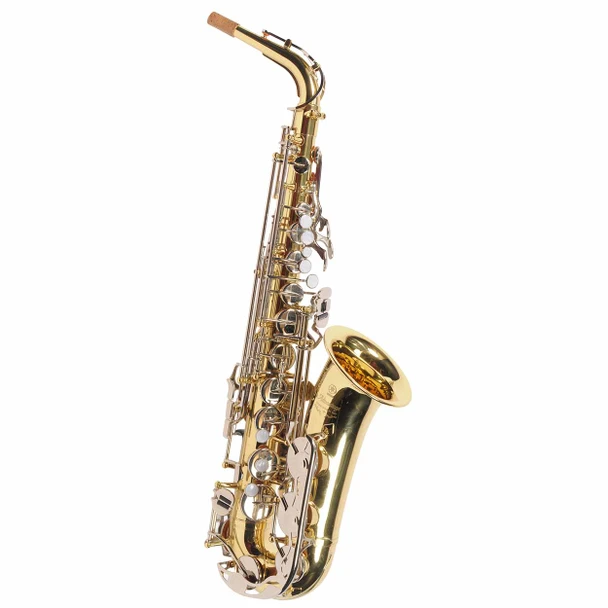 Yamaha Advantage alto saxophone with gold lacquer body, silver-colored keys, and pearl-style key touches. card