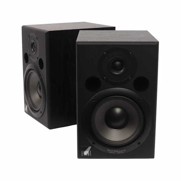 Angled front view of two Event Tuned Reference 6 studio monitors showing the black cabinets, tweeters, front ports, and woofers. card