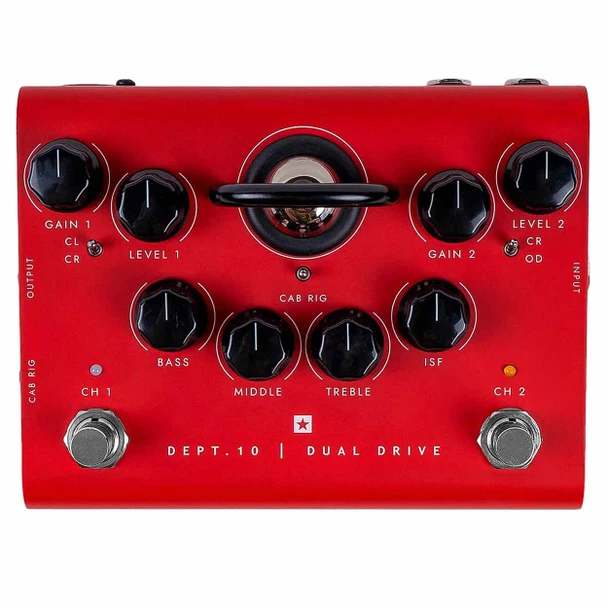 Front view of red Blackstar Dept. 10 Dual Drive tube overdrive pedal with dual footswitches, control knobs, toggle switches, and exposed tube. card